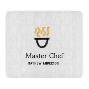 Master chef add name black pan yellow fire fume co cutting board