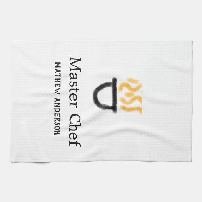 Master chef add name black pan yellow fire fume co tea towel (Horizontal)