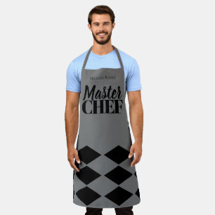 Master Chef name personalised black grey chequered Apron