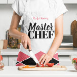 Master Chef name personalised black red chequered Apron<br><div class="desc">Geometric mosaic pavement style patterned print all over elegant apron in coral red,  white,  and black with a bold MASTER CHEF typography script.            You can personalise it with your name.          It can be a nice gift for a cooking lover or a master chef - husband,  friend,  fiancee,  or employee.</div>