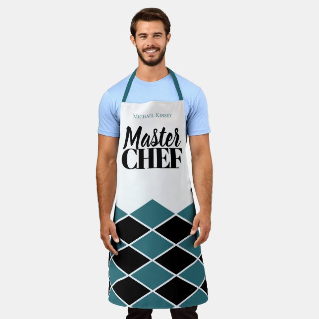 Master Chef name personalised black teal chequered Apron (Worn)