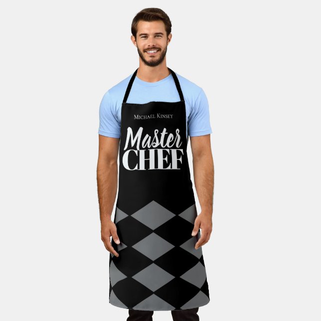 Master Chef name personalised grey black chequered Apron (Worn)
