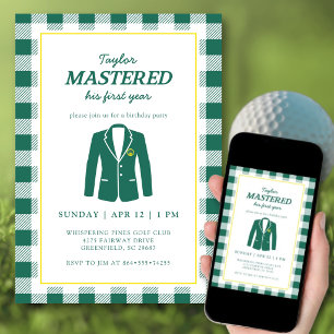 Mastered Golf Theme 1st Birthday Party Green Plaid Invitation