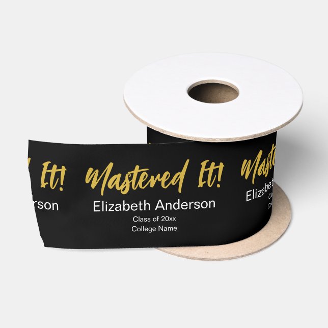 Mastered It! Black White Gold Script Grad's Name Satin Ribbon (Spool)