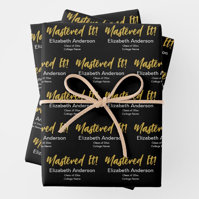 Mastered It! Black White Gold Script Grad's Name Wrapping Paper Sheet (In situ)