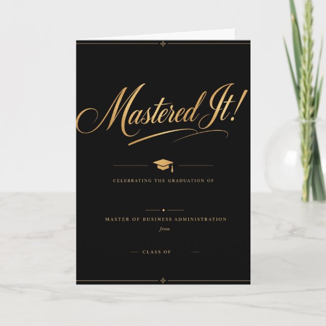 Mastered It! MBA Graduation Card | Black Gold Eleg (Front)