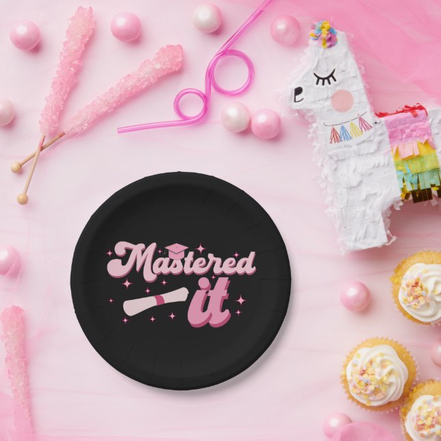 Mastered It Pink Script Masters Graduation Quote Paper Plate (Party)