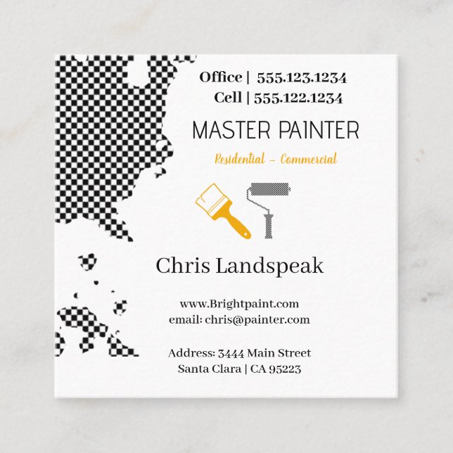 Masterpainter & Black & White Chequerboard pattern Square Business Card (Front)