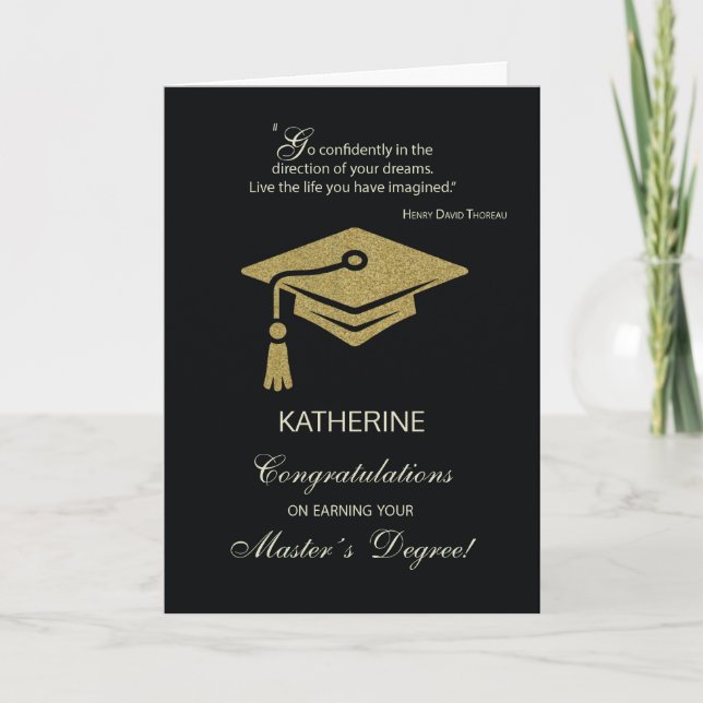 Masters Degree Graduate Congratulations Black Gold Card (Front)