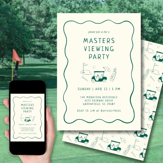 Masters Golf Viewing Watch Party Hand Drawn Green Invitation (Clean, modern layout with hand-drawn golf details.)