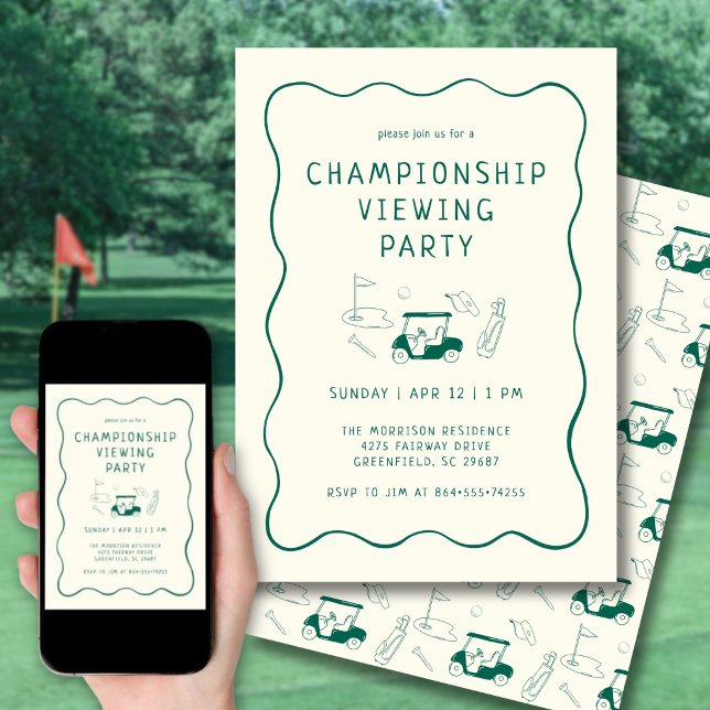 Masters Golf Viewing Watch Party Hand Drawn Green Invitation (Personalize the details for your Masters or any golf tournament watch party.)