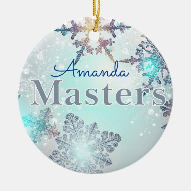 Masters Graduation Personalized Name Blue  Ceramic Tree Decoration (Front)