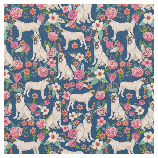 Mastiff Dog Vintage Florals Fabric (Close Up)