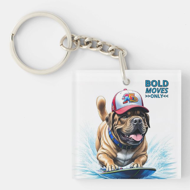 Mastiff English Bulldog on Surfboard Vacation Key Ring (Front)