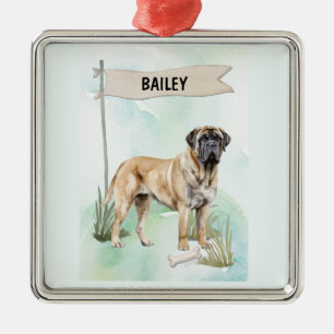Mastiff Watercolor Personalised Dog Metal Tree Decoration