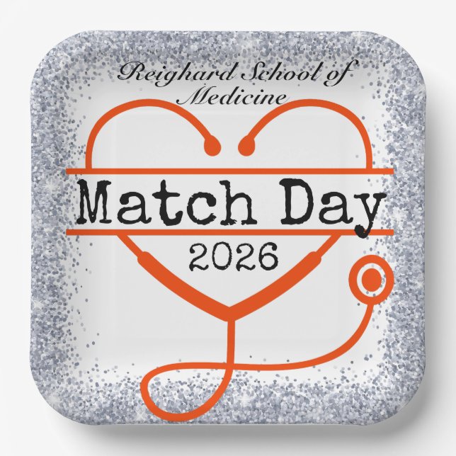 Match Day Red 2026 Glitter Stethoscope Paper Plat Plate (Front)