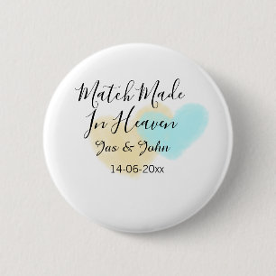 Match made in heaven blue yellow pastel heart name 6 cm round badge