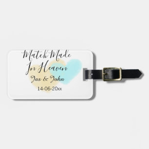 Match made in heaven blue yellow pastel heart name luggage tag