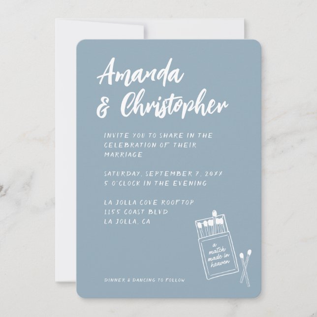 Match Made in Heaven Retro Dusty Blue Wedding Invitation (Front)
