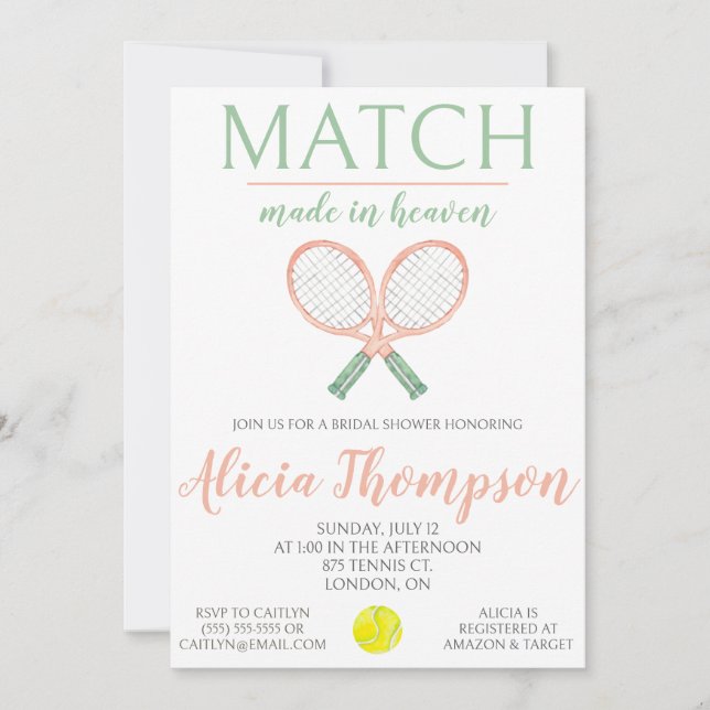 Match Made in Heaven, Tennis Bridal Shower Invitation (Front)