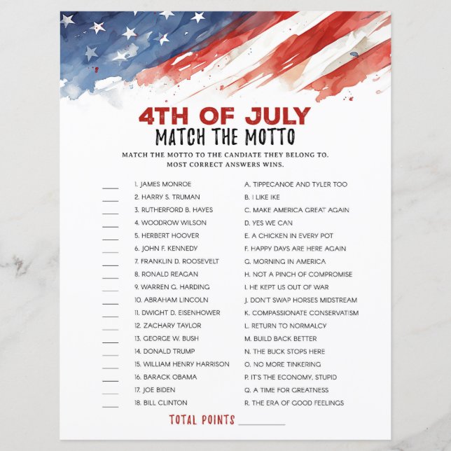 Match the Motto 4th of July Party Game (Front)