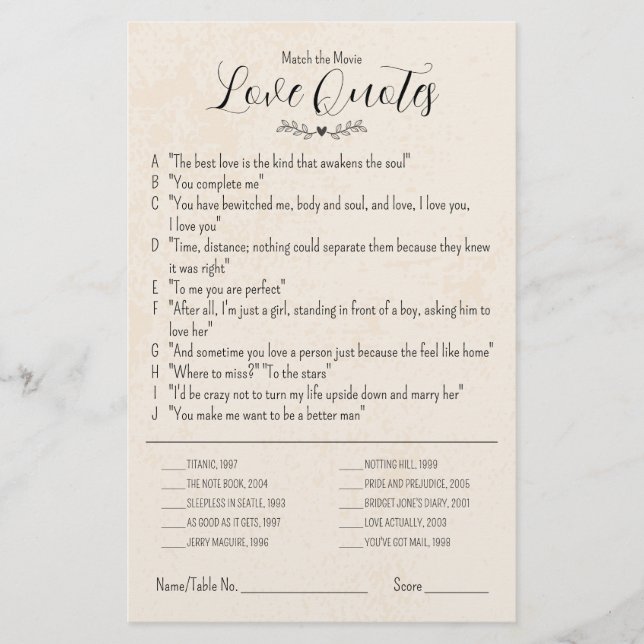 Match the Movie Love Quotes Wedding Table Game (Front)