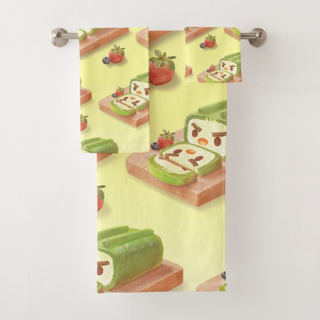 Matcha Cake Roll Illustration Bath Towel Set (Insitu)