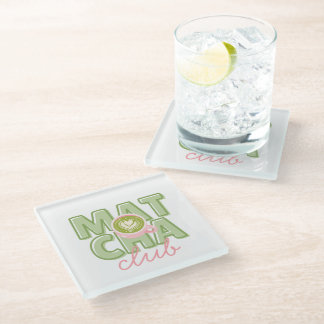 Matcha Club Green & Pink Aesthetic Cute Back Print Glass Coaster