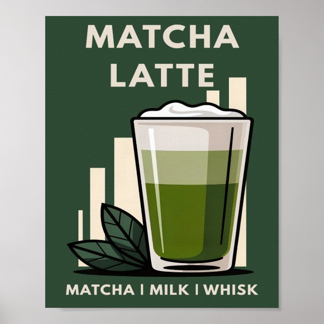 Matcha Latte Retro Dark Green Cafe Graphic Poster (Front)