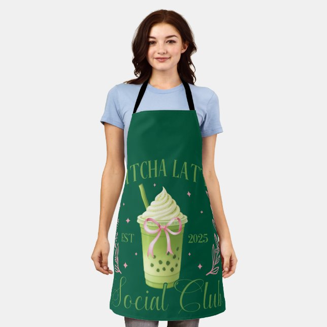 Matcha Latte Social Club Pink and Dark Green Apron (Worn)