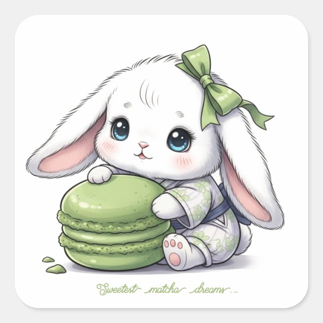 Matcha Macaron Baby Bunny - Kimono Yukata & Ribbon Square Sticker (Front)