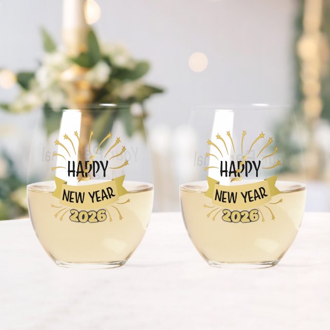 Matched Pair of New Year "2026"  Stemless Wine Glass (Insitu (Wedding))