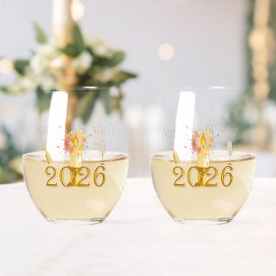 Matched Pair of New Year "2026" Stemless Wine Glass