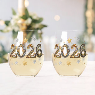 Matched Pair of New Year "2026"  Stemless Wine Glass