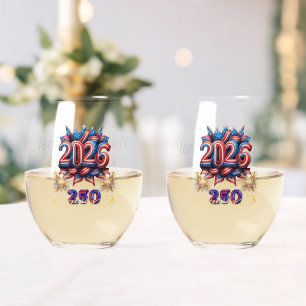 Matched Pair Patriotic New Year "2026"  Stemless Wine Glass