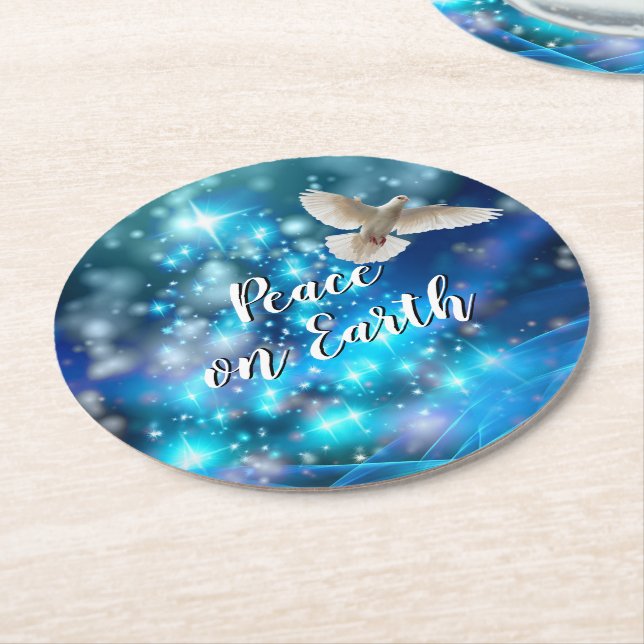 Matching Blue Dove Peace Christmas Round Paper Coaster (Angled)