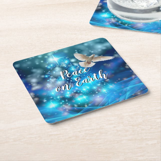 Matching Blue Dove Peace Christmas Square Paper Coaster (Angled)