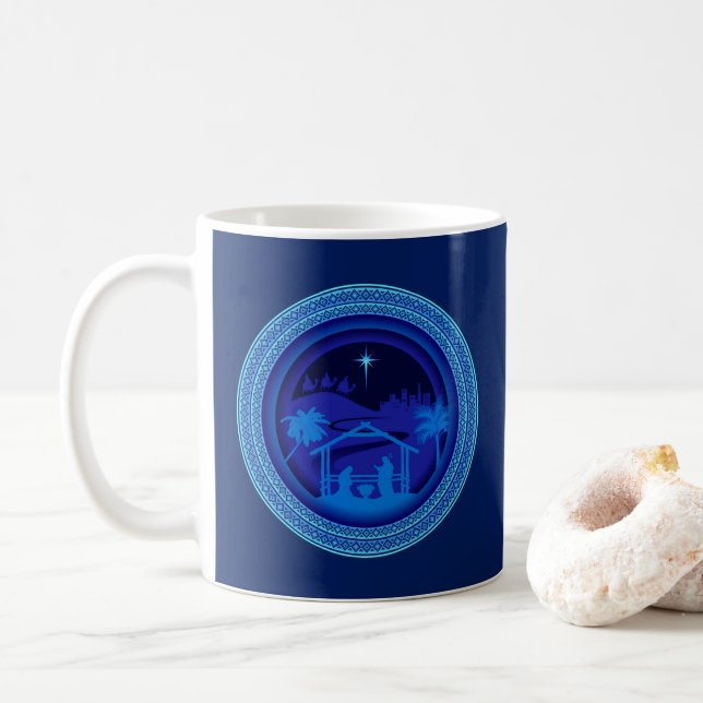Matching Blue Nativity Christmas Coffee Mug (With Donut)