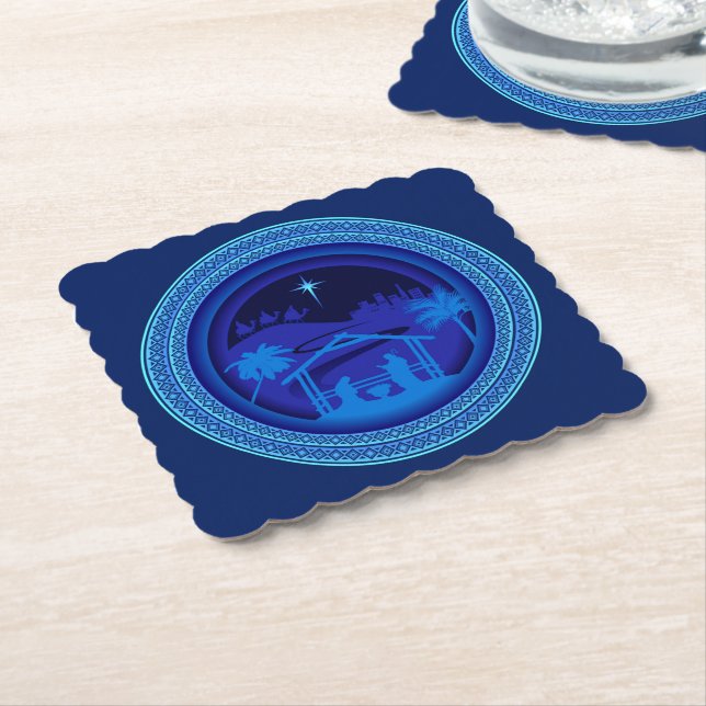 Matching Blue Nativity Christmas Scalloped Square Paper Coaster (Angled)