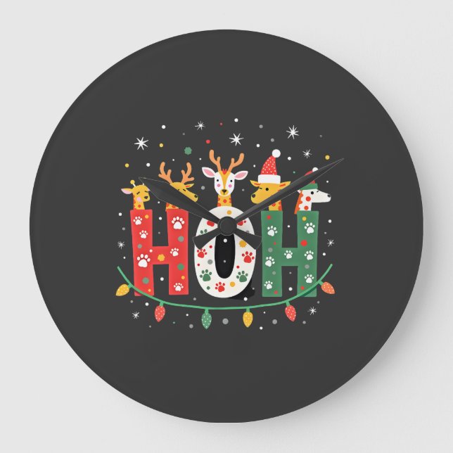 Matching Christmas Santa Hat Ho Ho Ho Giraffe Anim Large Clock (Front)