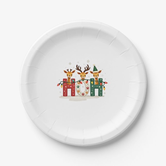 Matching Christmas Santa Hat Ho Ho Ho Giraffe Anim Paper Plate (Front)