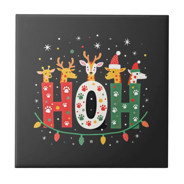 Matching Christmas Santa Hat Ho Ho Ho Giraffe Anim Tile (Front)