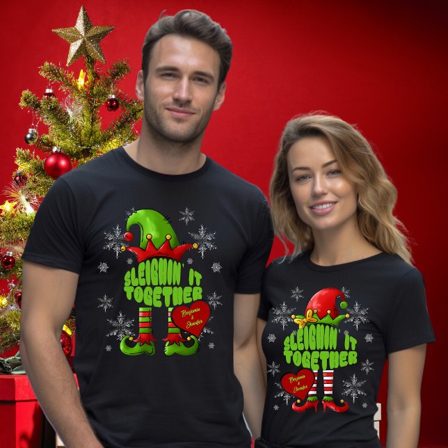 Matching Couple Christmas Elf Names in Heart T-Shirt (Creator Uploaded)