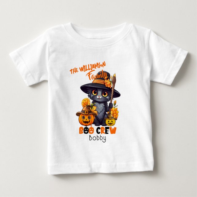 Matching Family Name Halloween Cat Pumpkin Baby T-Shirt (Front)