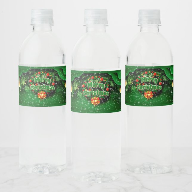 Matching Green Merry Christmas Gold Bells Water Bottle Label (Bottles)