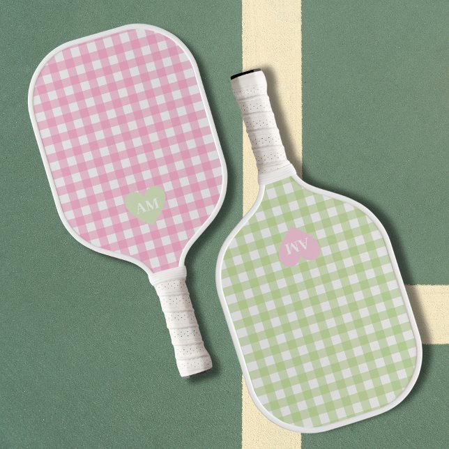 Matching Pink & Green Couples Monogram Initials Pickleball Paddle (Matching Pickleball Paddles Pink & Green Monogram Old Money Aesthetic Preppy )