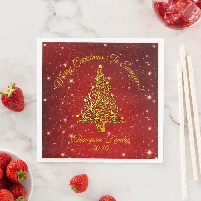 Matching Set Christmas Red Gold Tree Name Dinner Napkin (Insitu)