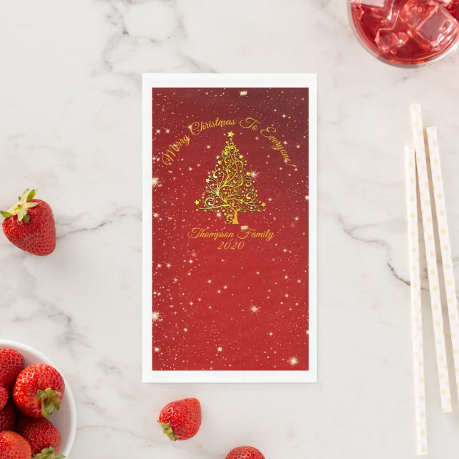 Matching Set Christmas Red Gold Tree Name Napkin (Insitu)