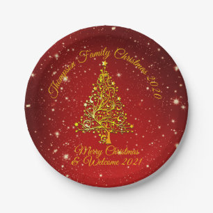 Matching Set Christmas Red Gold Tree Stars Name 7" Paper Plate