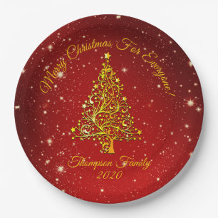 Matching Set Christmas Red Gold Tree Stars Name 9" Paper Plate